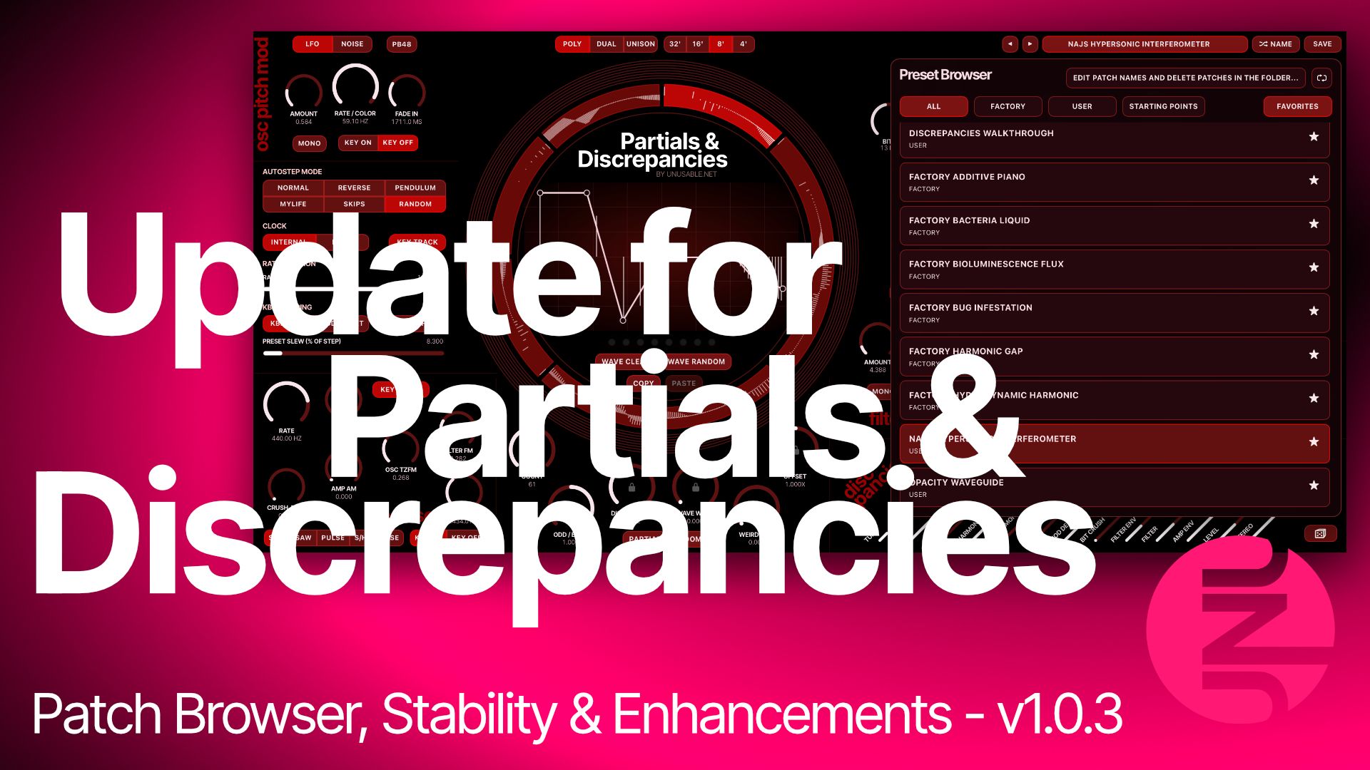 Partials & Discrepancies v1.0.3 update artwork showing the new patch browser