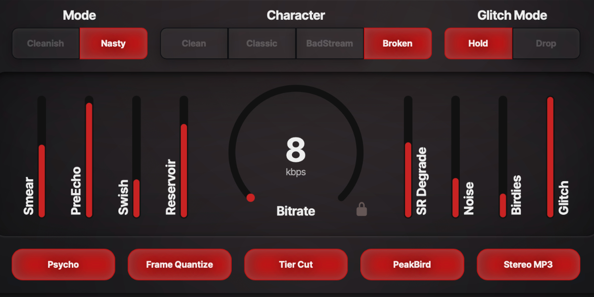 Entropy Encoder bitrate knob and eight codec artifact faders