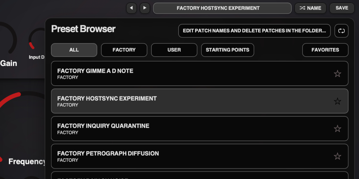 Harmonic Dissector preset navigation, name, and save controls